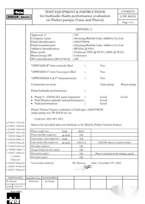 瑞豐新材RF5016液壓油復合劑通過Parker Denison國際認證